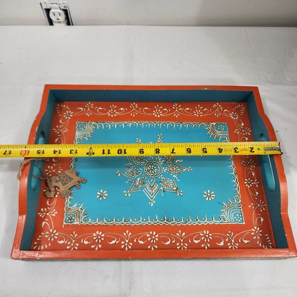 Meenakari Art Handmade Wooden Serving Tray Made in India Handle 16x12x1.75 Inch - Picture 13 of 14